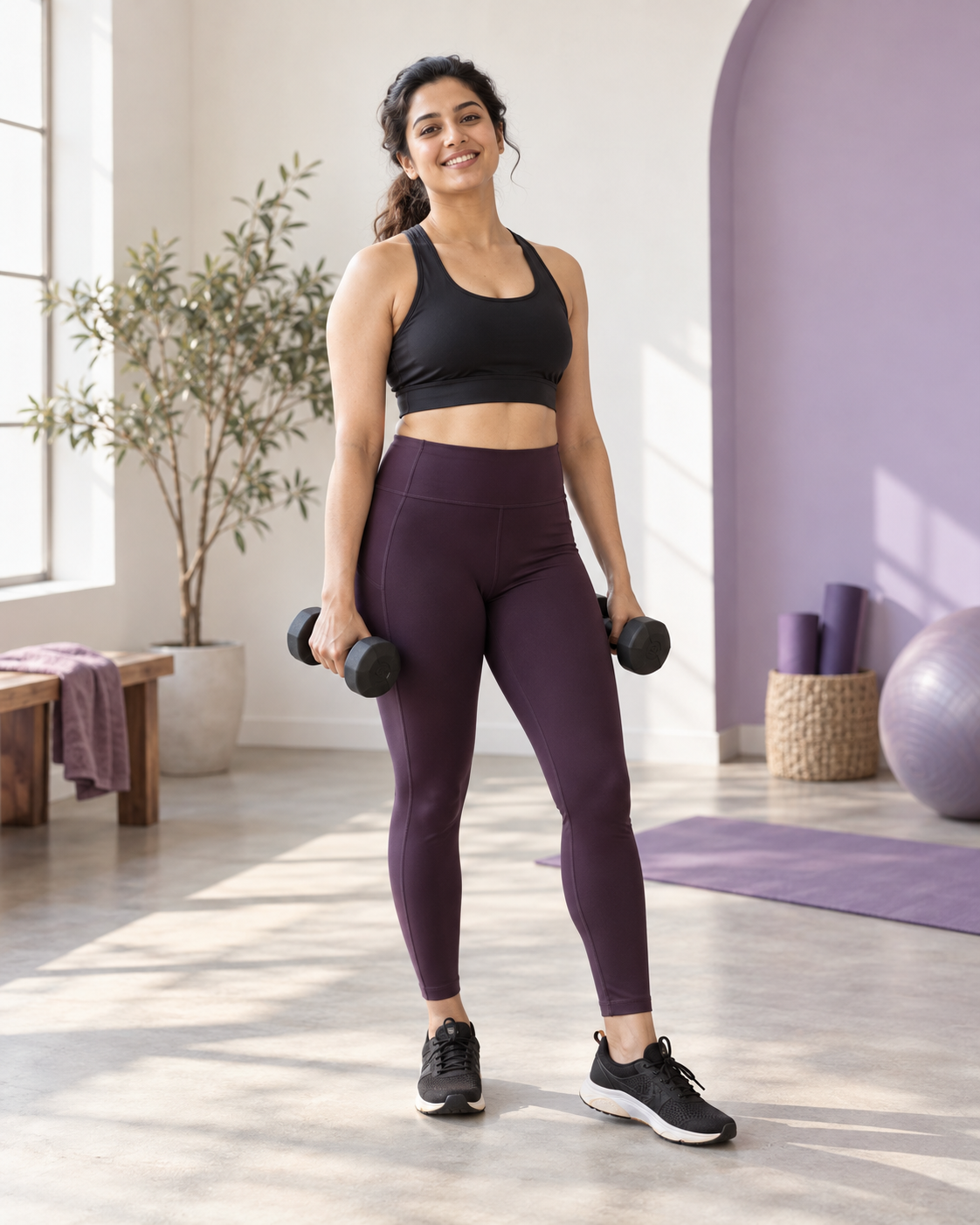 Fitness inspiration: a woman holding dumbbells in a bright studio